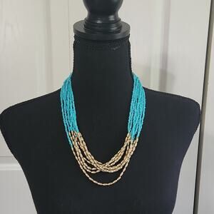 Necklace Blue & Gold Beaded Lobster Claw Clasp